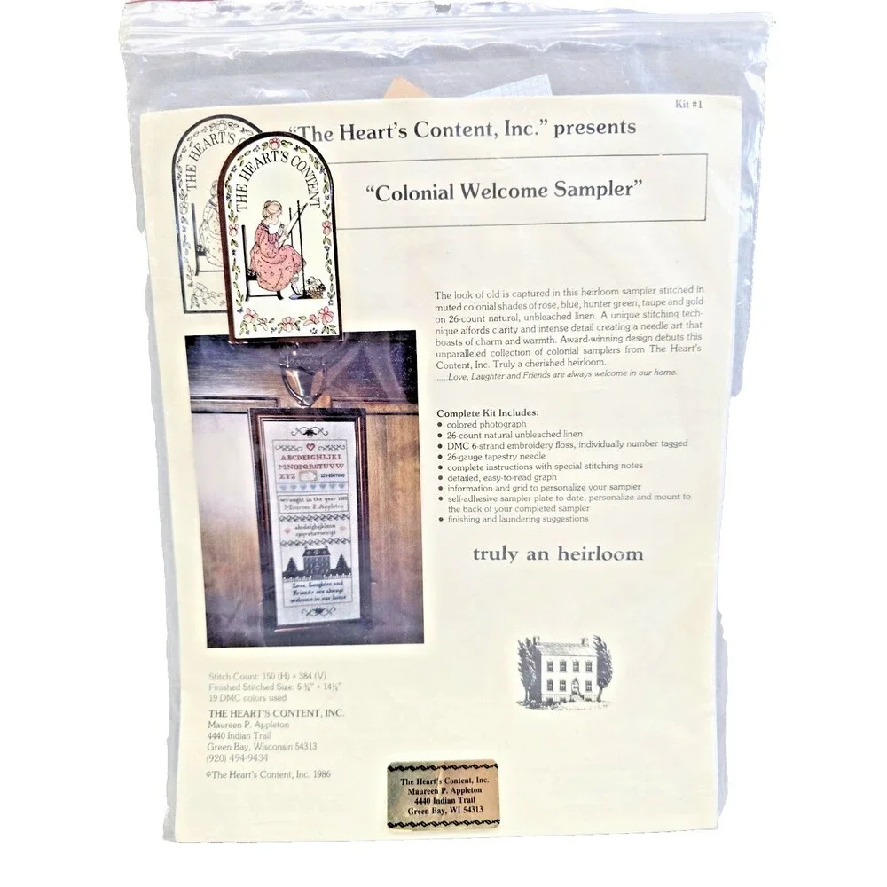 The Heart's Content 1986 Colonial Welcome Sampler New Complete Kit Linen Crafts